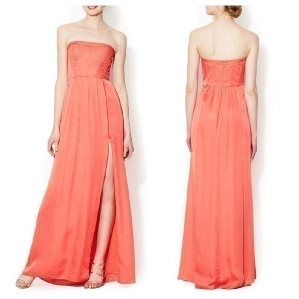 BCBGMaxazria Enyas Pink Coral strapless bustier maxi slit dress